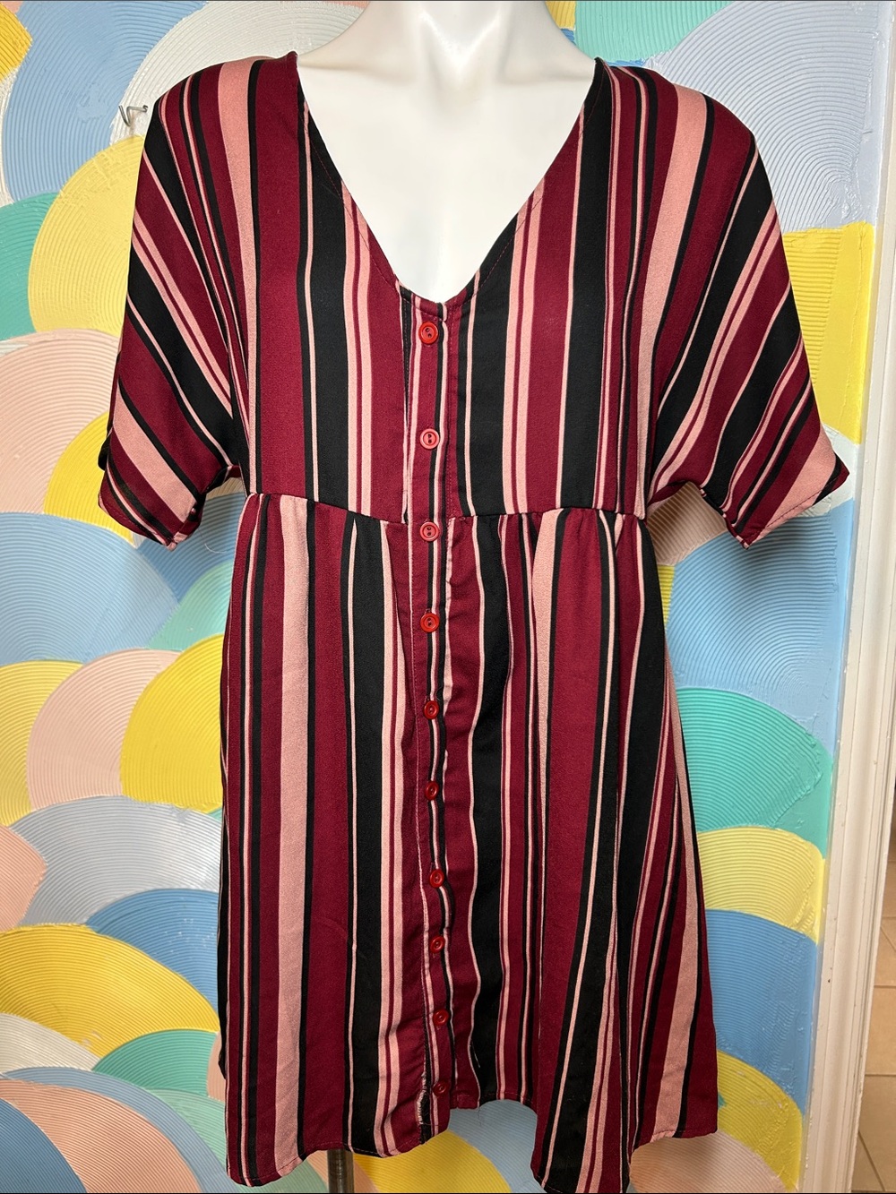 Sadie & Sage Striped Button-Front Women’s Dress in Burgundy and Pink